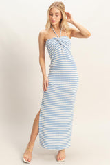 Blue Halter Neck Twist Bust Midi Dress
