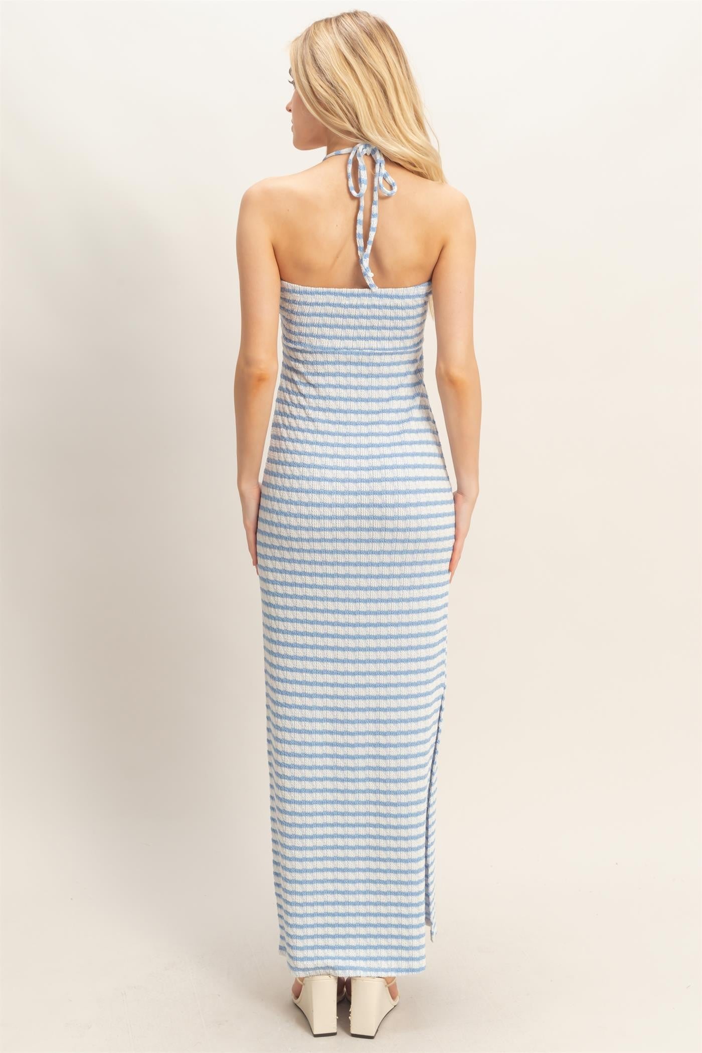 Blue Halter Neck Twist Bust Midi Dress