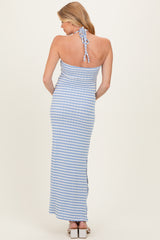 Blue Halter Neck Twist Bust Maternity Midi Dress