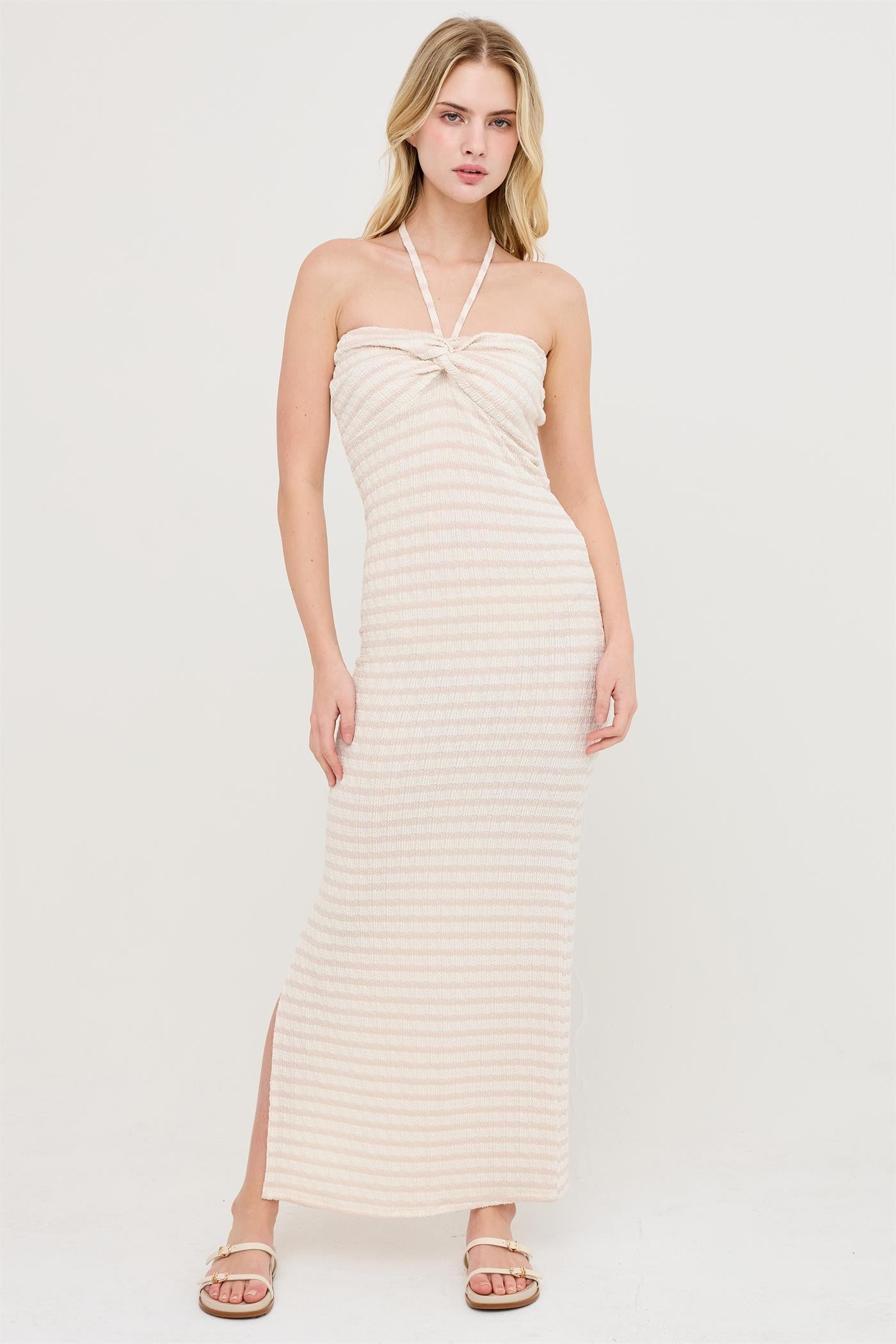 twist neck halter dress Taupe Halter Neck Twist Bust Midi Dress