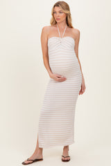 Taupe Halter Neck Twist Bust Maternity Midi Dress