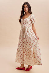 Red Floral Smocked Maxi Dress