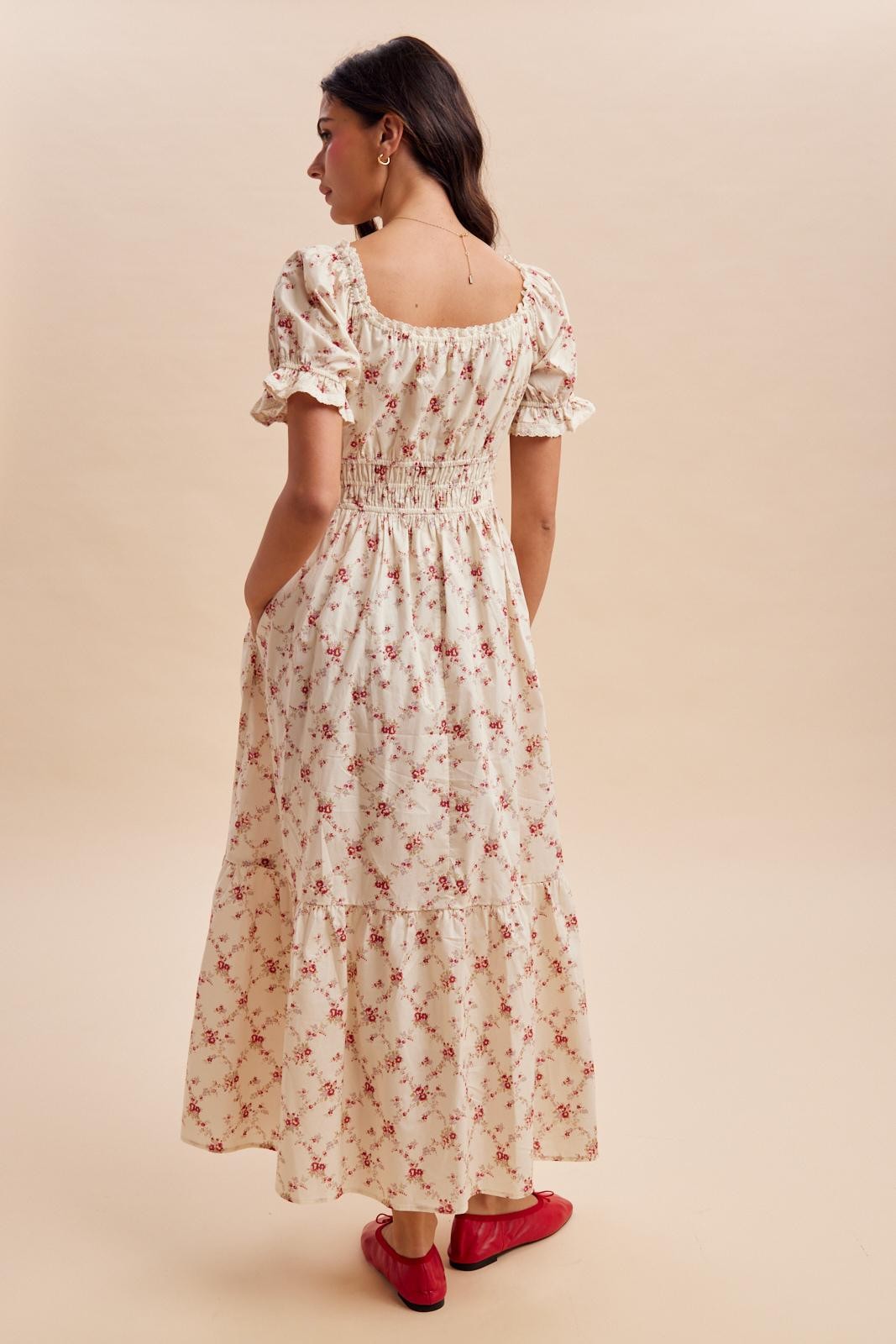 Red Floral Smocked Maxi Dress