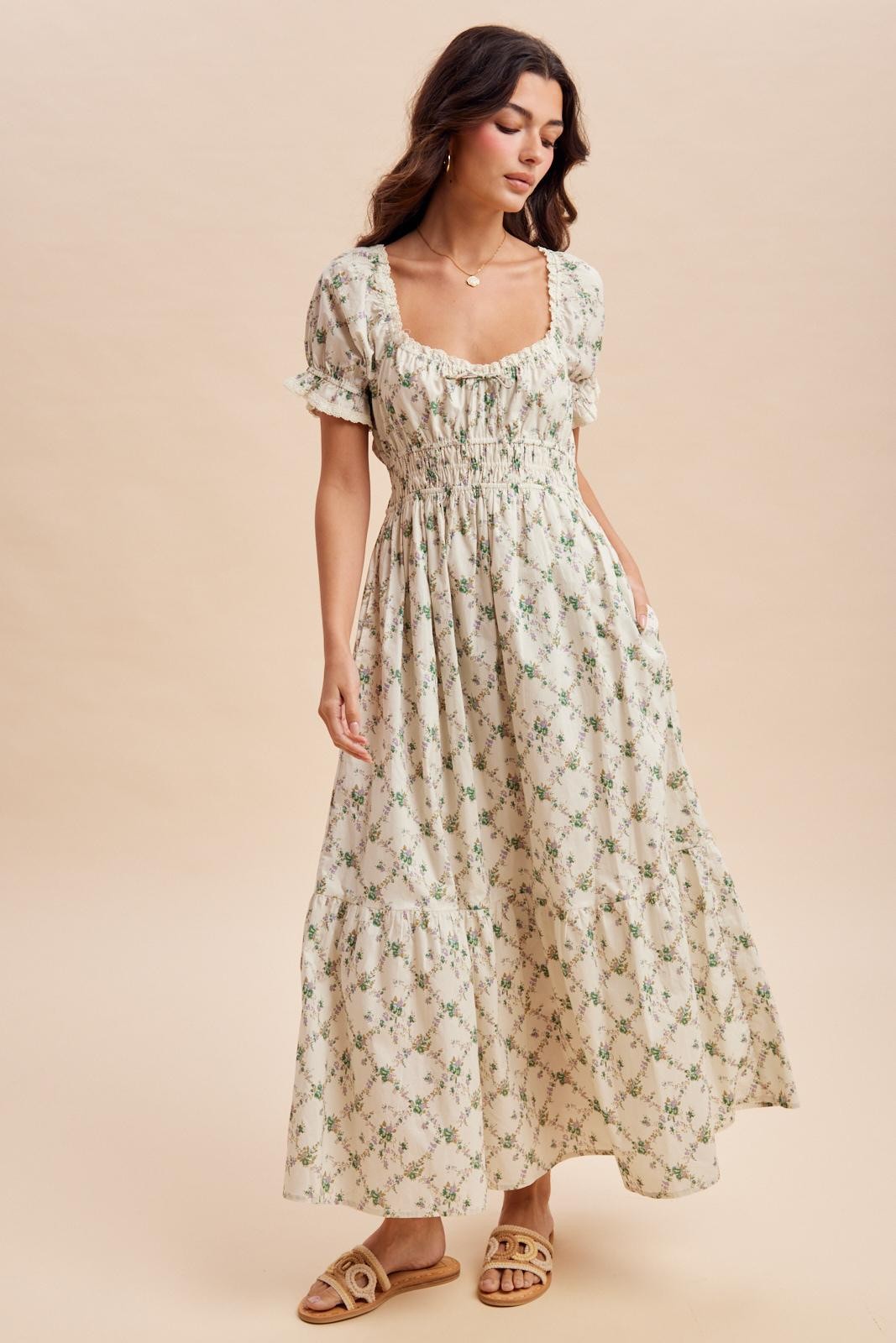 Green Floral Smocked Maternity Maxi Dress