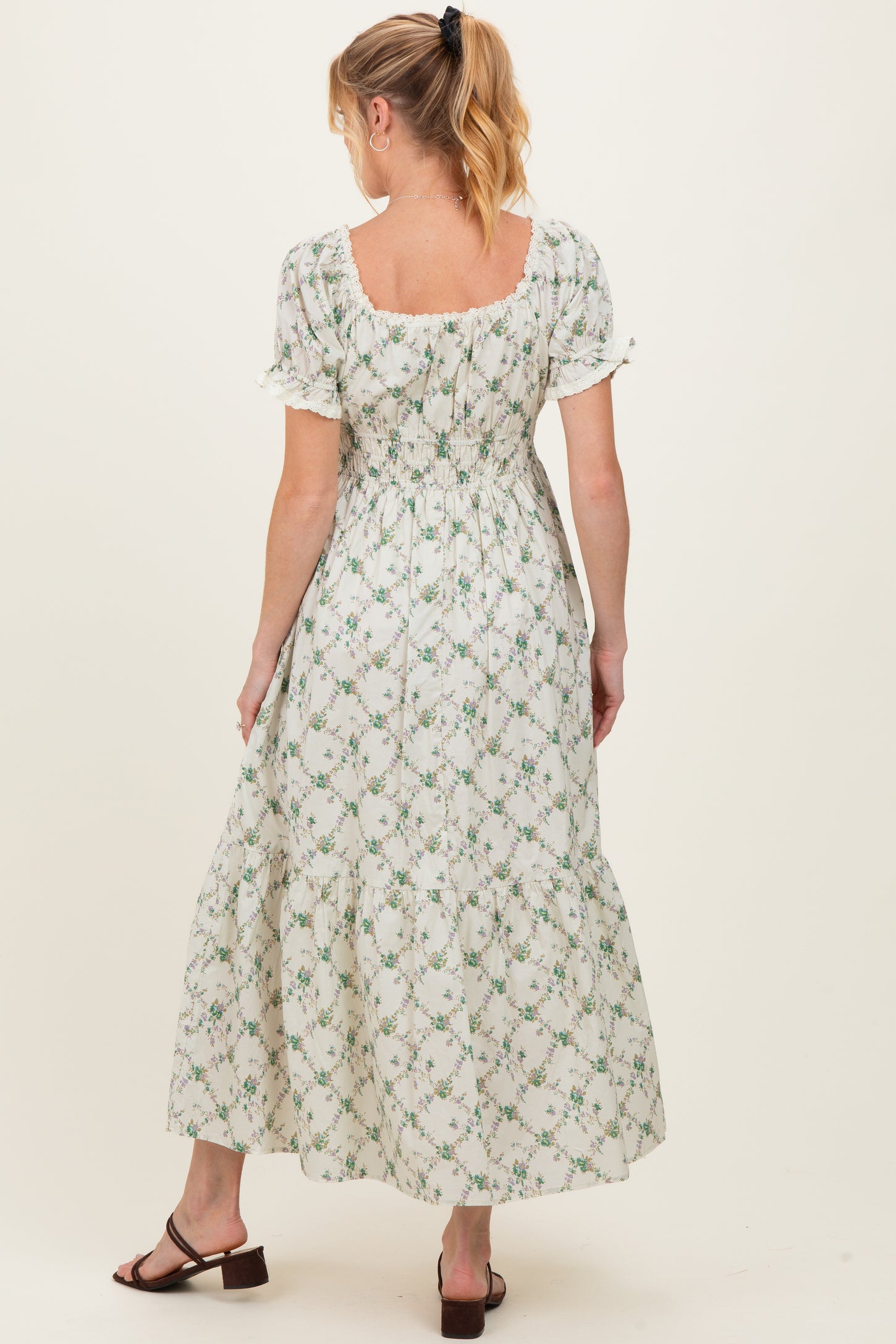 Green Floral Smocked Maternity Maxi Dress