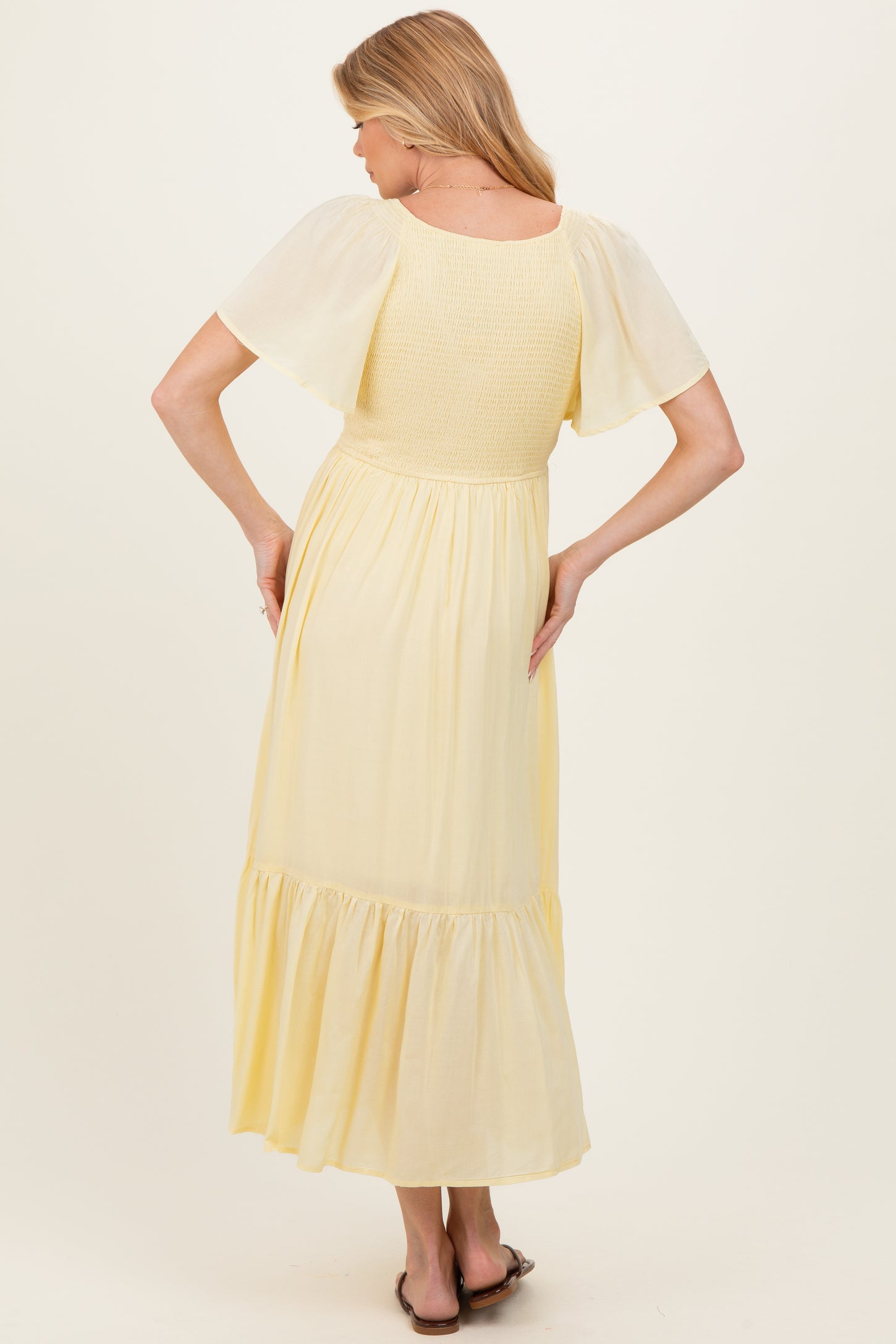 Yellow Smocked Maternity Midi Dress