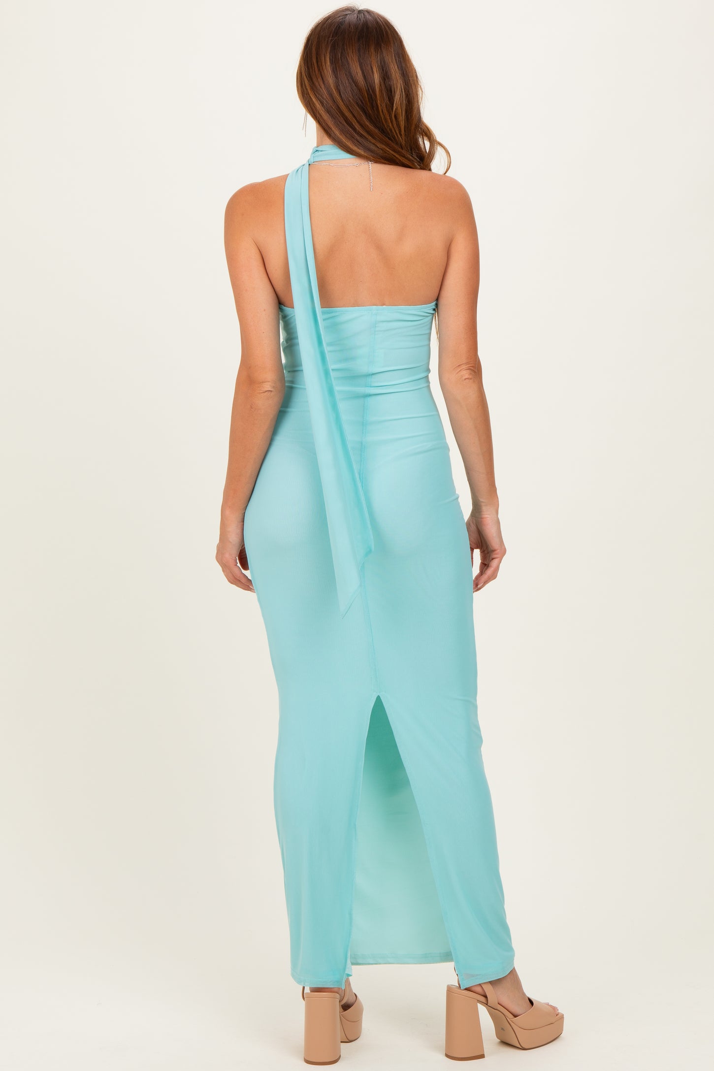 Mint Green Mesh Overlay Halter Maxi Dress Mint Green Mesh Overlay Halter Maxi Dress