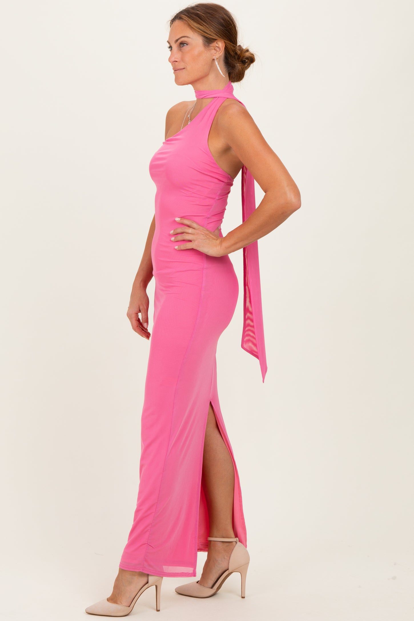 pink mesh overlay dress ASOS DESIGN modest mesh maxi dress with overlay draped neckline detail in pink