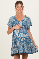 Green Short Sleeve Floral Smocked Bodice Maternity Dress