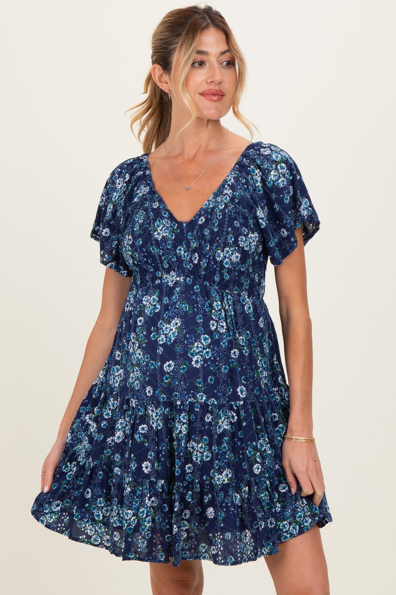 Blue Eyelet Embroidered Printed V Neck Maternity Dress