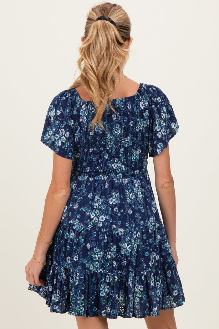 Blue Eyelet Embroidered Printed V Neck Maternity Dress