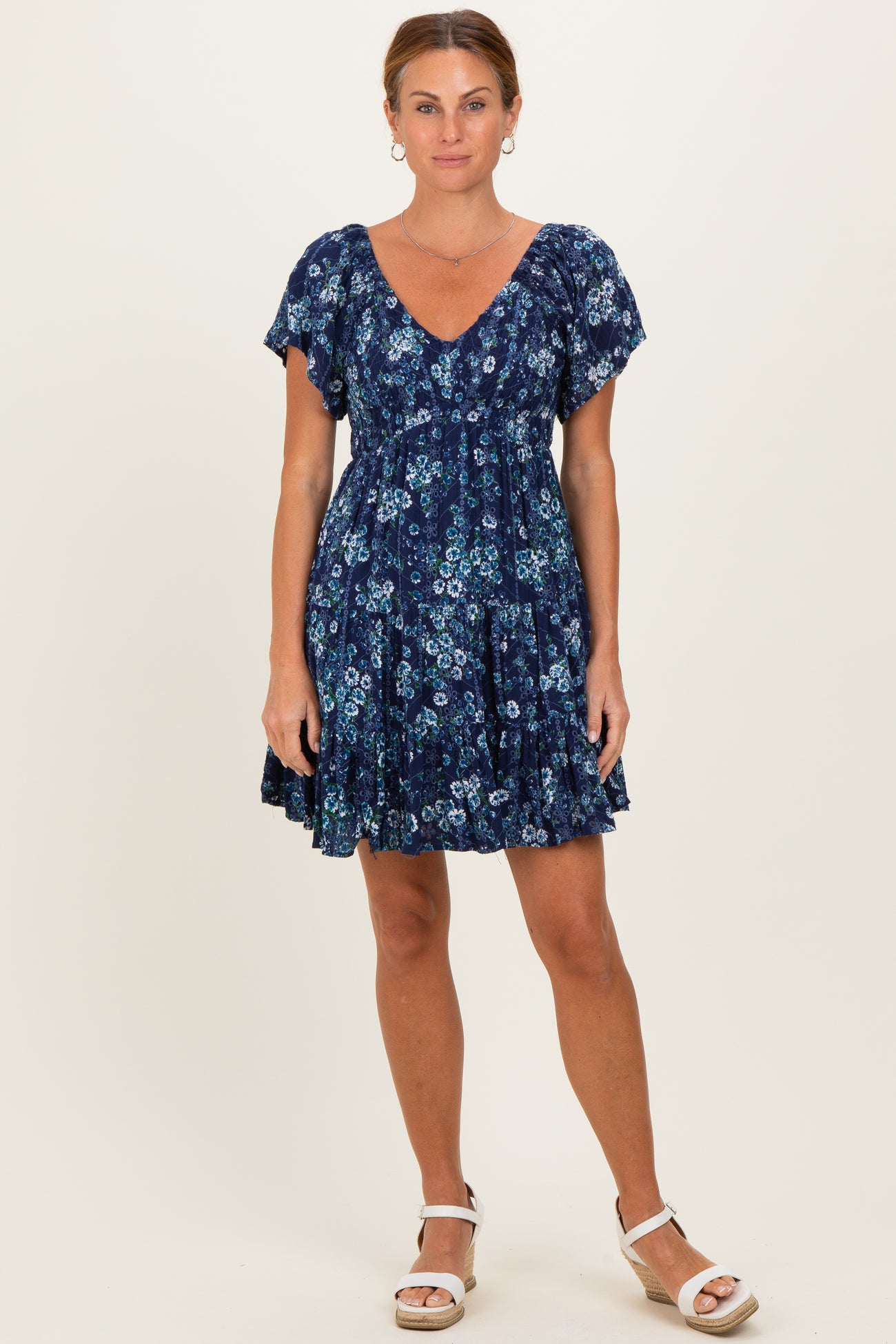 Blue Eyelet Embroidered Printed V Neck Dress