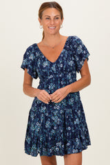 Blue Eyelet Embroidered Printed V Neck Maternity Dress