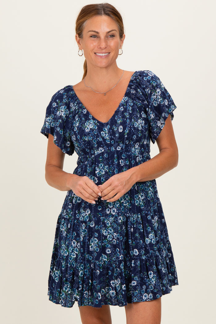 Blue Eyelet Embroidered Printed V Neck Maternity Dress