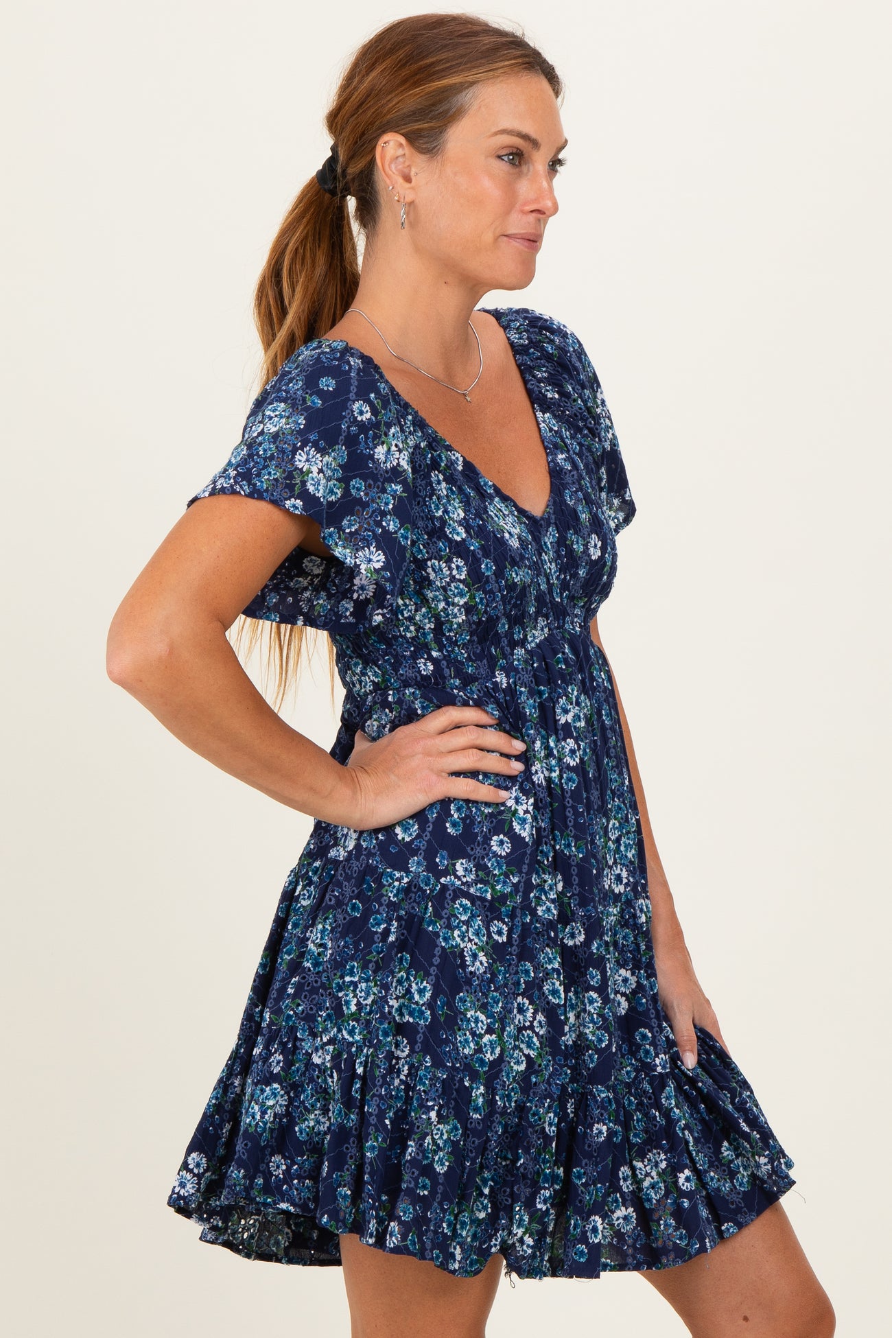 Blue Eyelet Embroidered Printed V Neck Dress