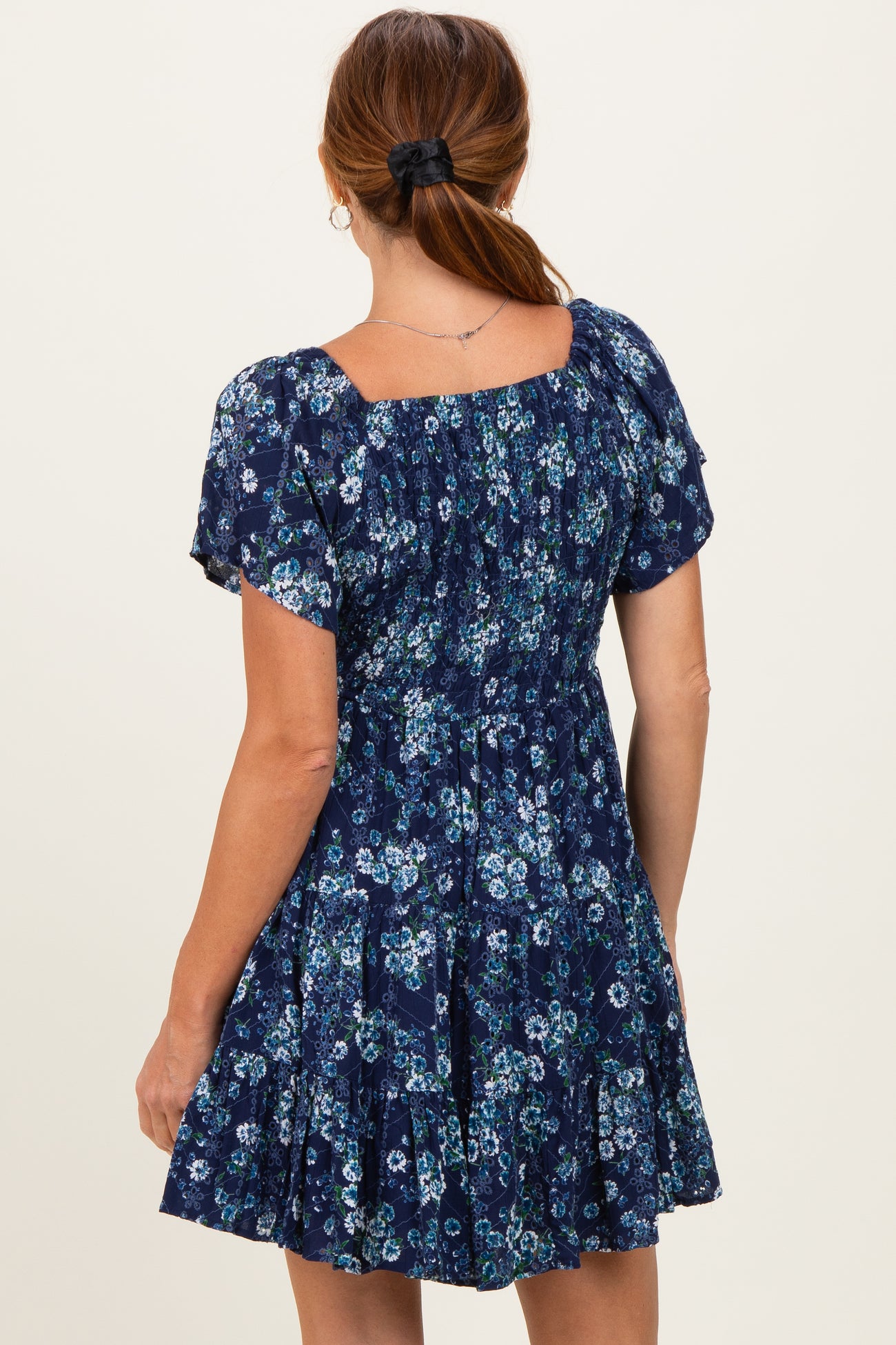Blue Eyelet Embroidered Printed V Neck Dress