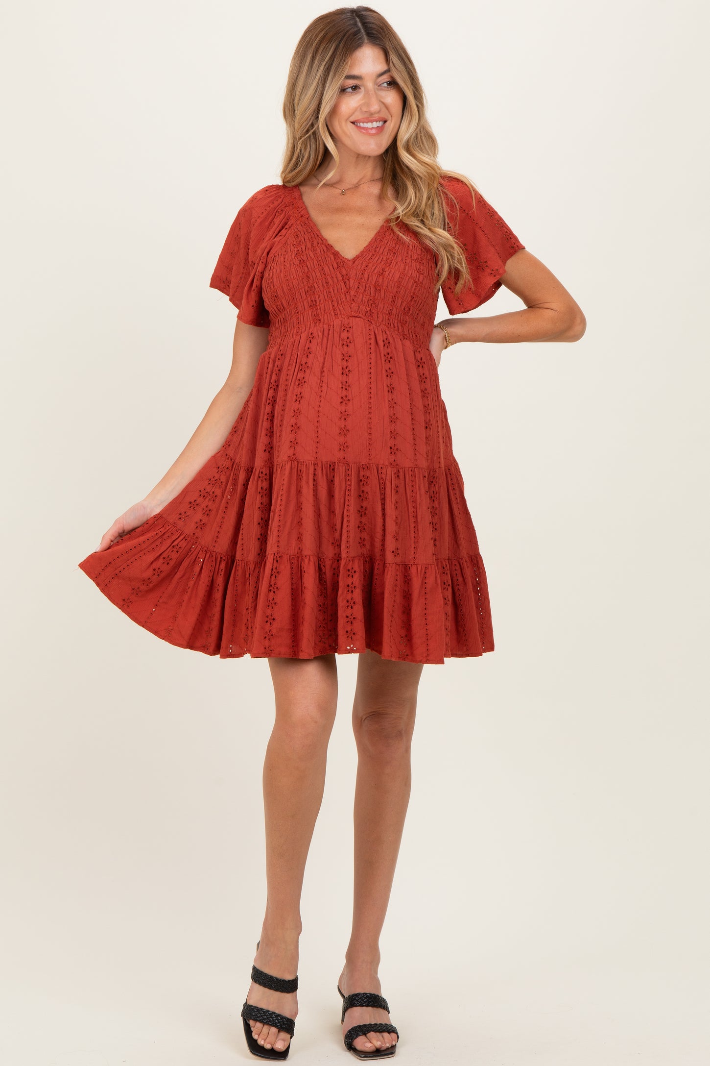 Rust Eyelet Embroidered V Neck Smocked Bodice Maternity Dress