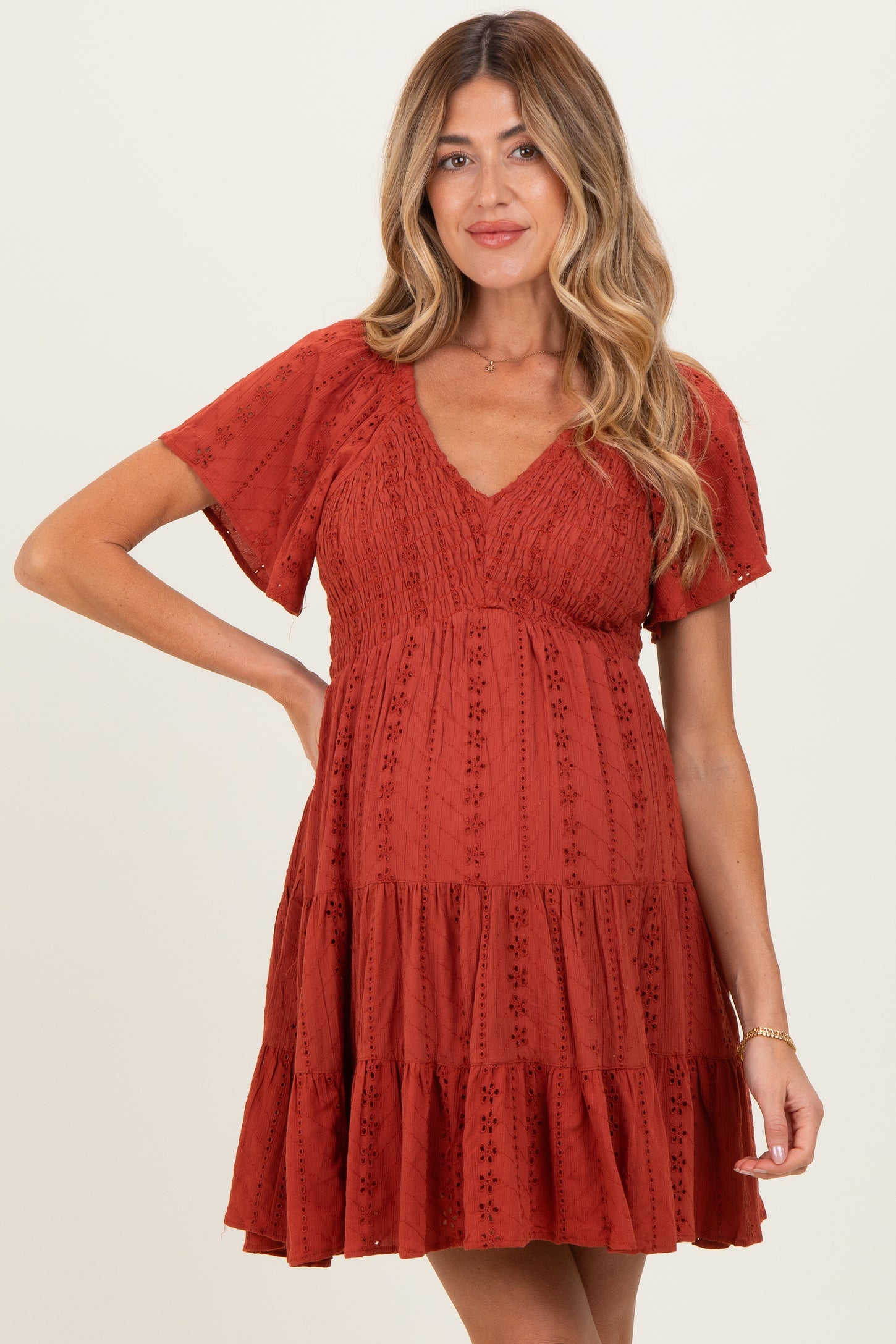 Rust Eyelet Embroidered V Neck Smocked Bodice Maternity Dress – PinkBlush
