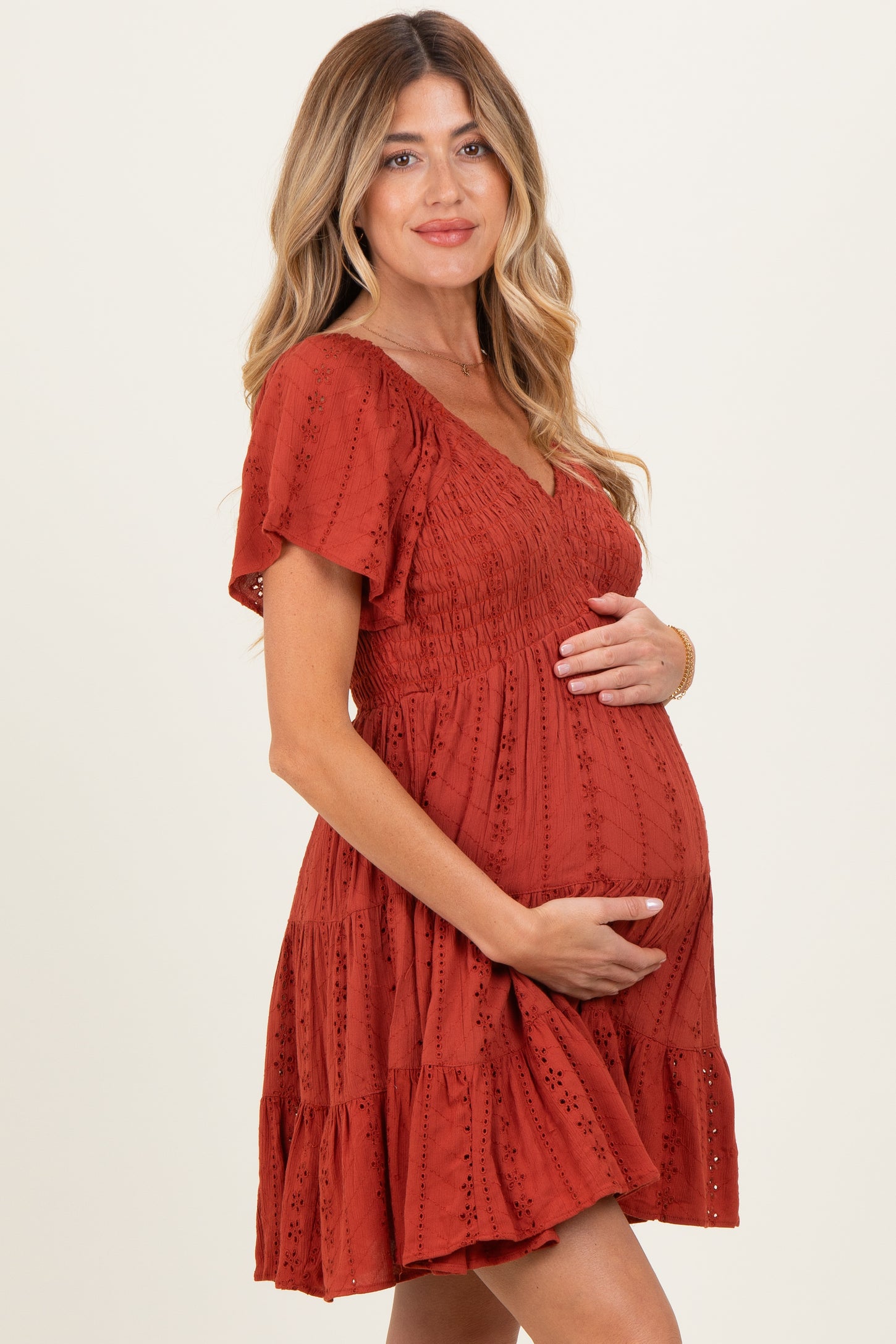 Rust Eyelet Embroidered V Neck Smocked Bodice Maternity Dress