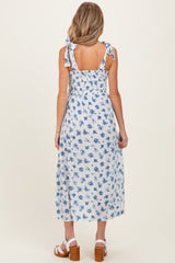 Ivory Smocked Bodice Tie Straps Floral Print Maternity Maxi Dress