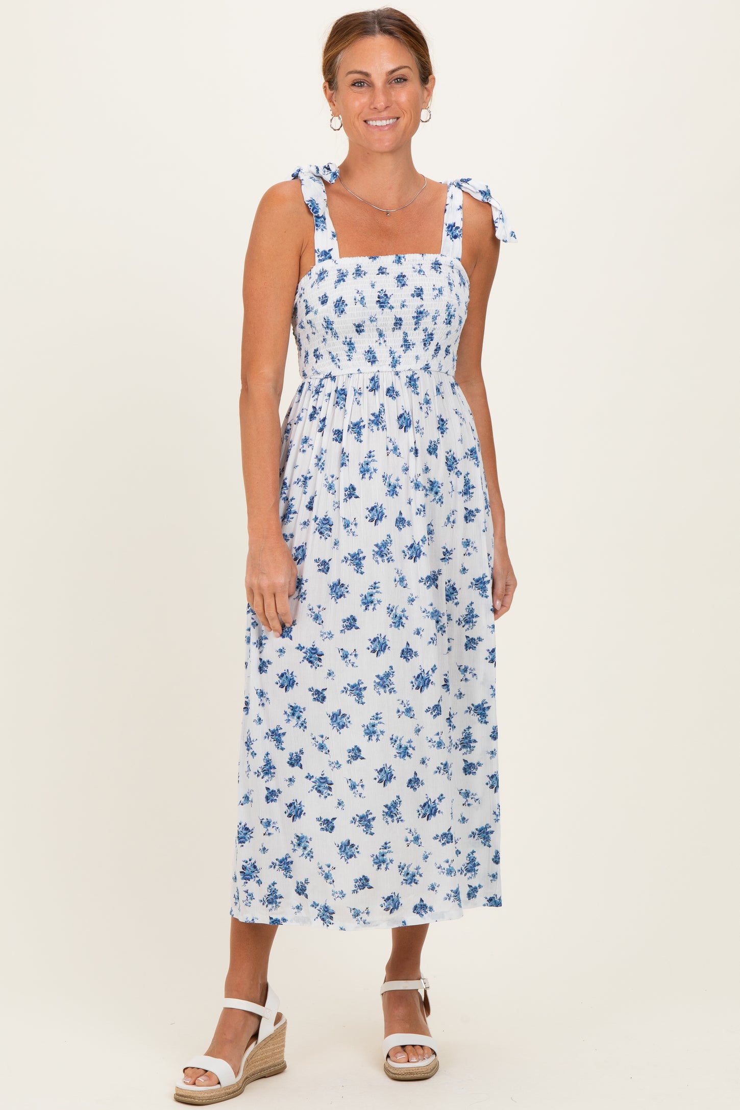 Ivory Smocked Bodice Tie Straps Floral Print Maternity Maxi Dress