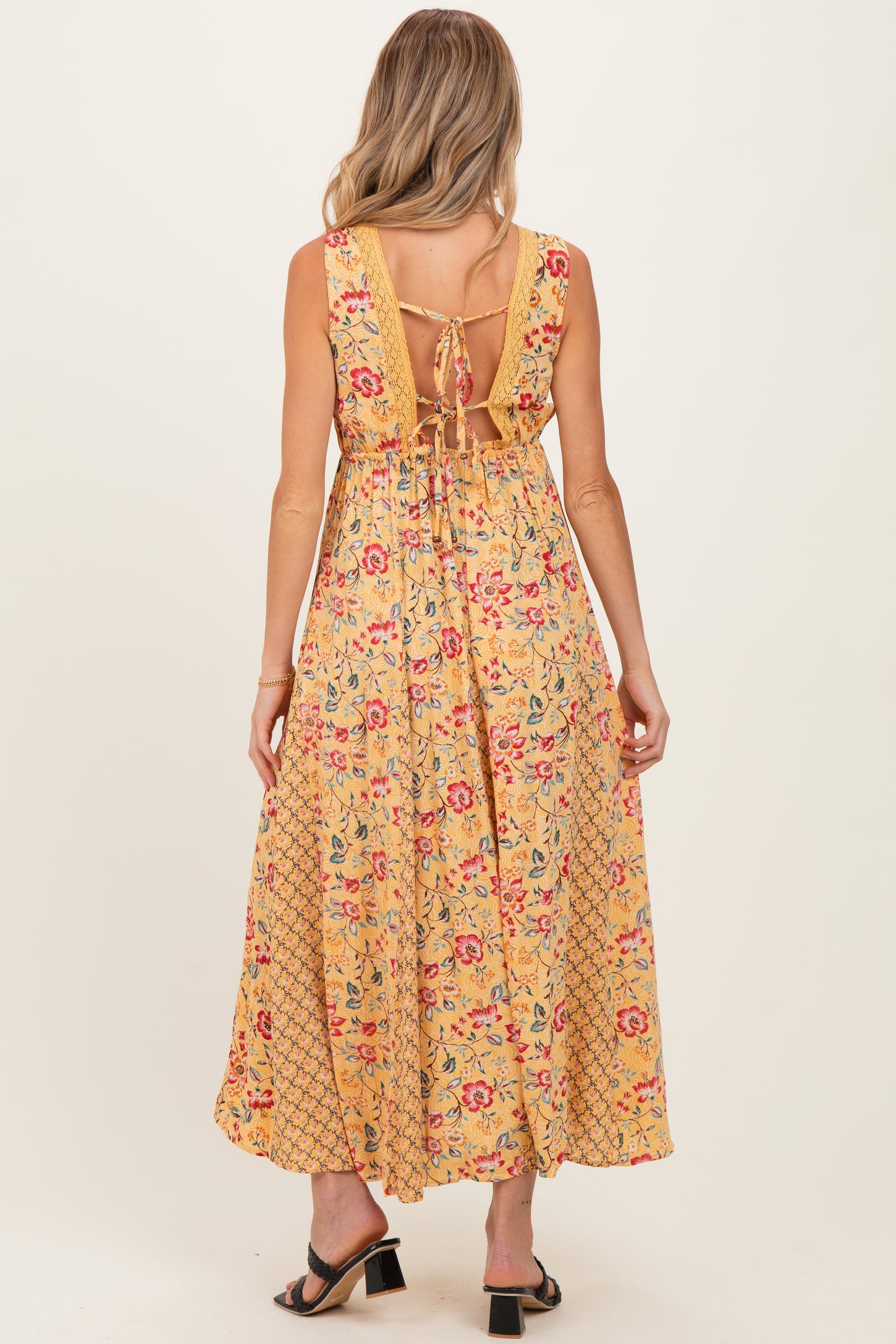 Yellow V Neck Lace Trim Twin Print Maternity Maxi Tank Dress – PinkBlush
