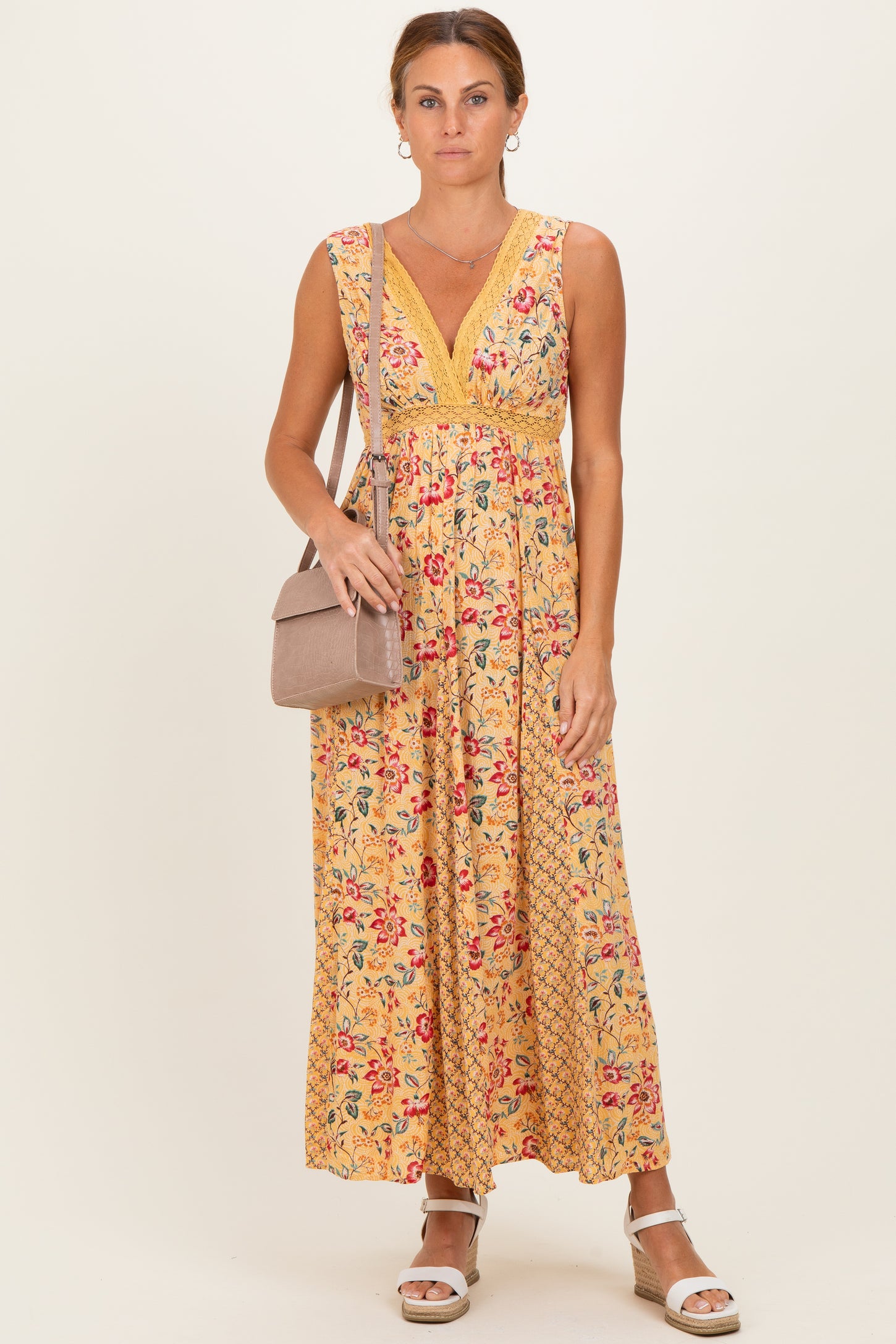 Yellow V Neck Lace Trim Twin Print Maternity  Maxi Tank Dress