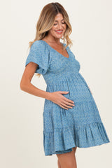 Blue V Neck Smocked Bust Short Sleeve Short Maternity  Dress