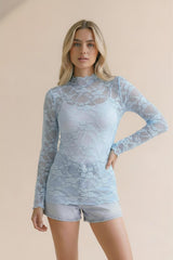 Light Blue Long Sleeve Floral Mesh Lace Semi Sheer Top