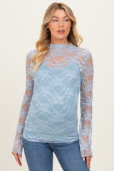 Light Blue Long Sleeve Floral Mesh Lace Semi Sheer Maternity Top