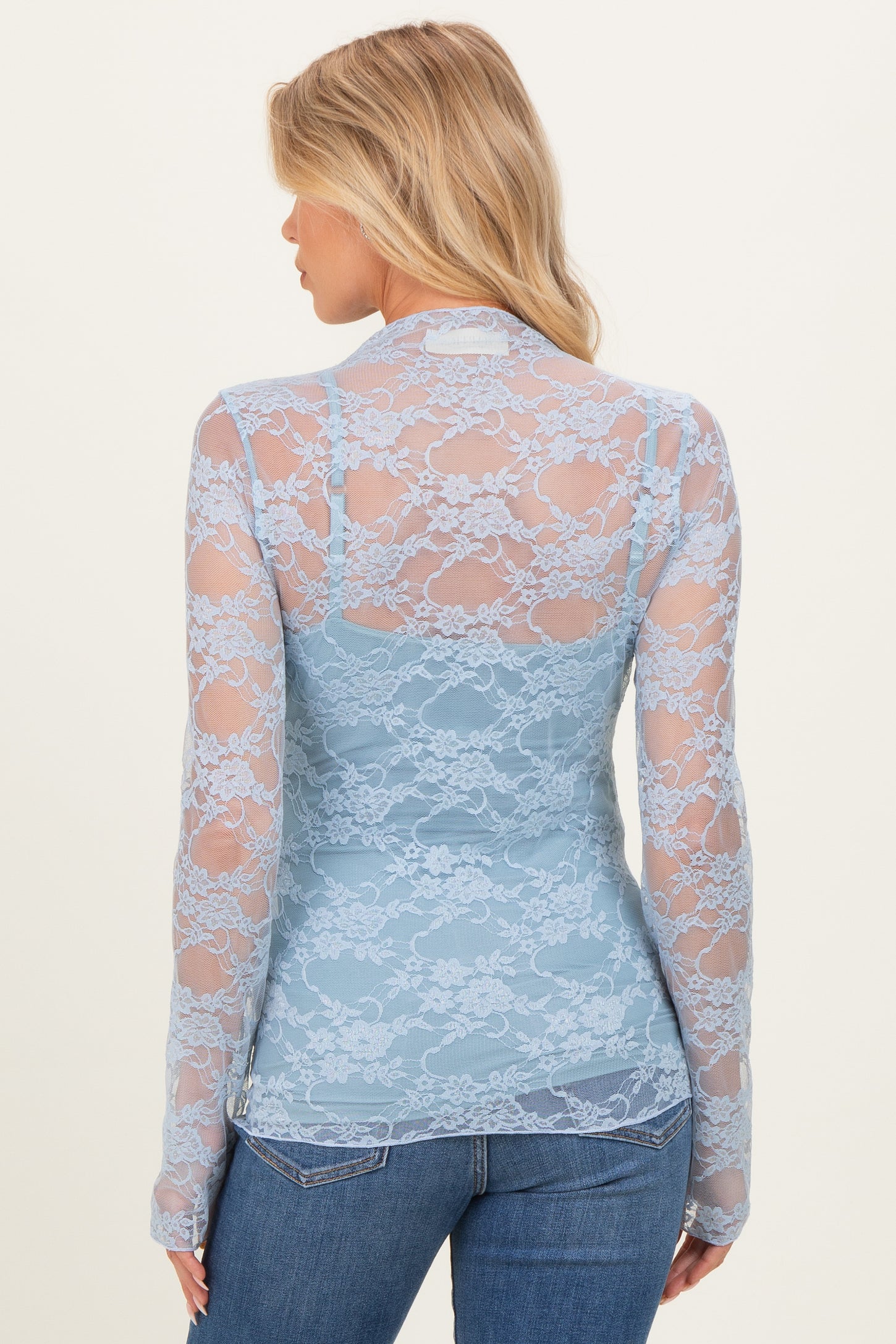 Light Blue Long Sleeve Floral Mesh Lace Semi Sheer Maternity Top