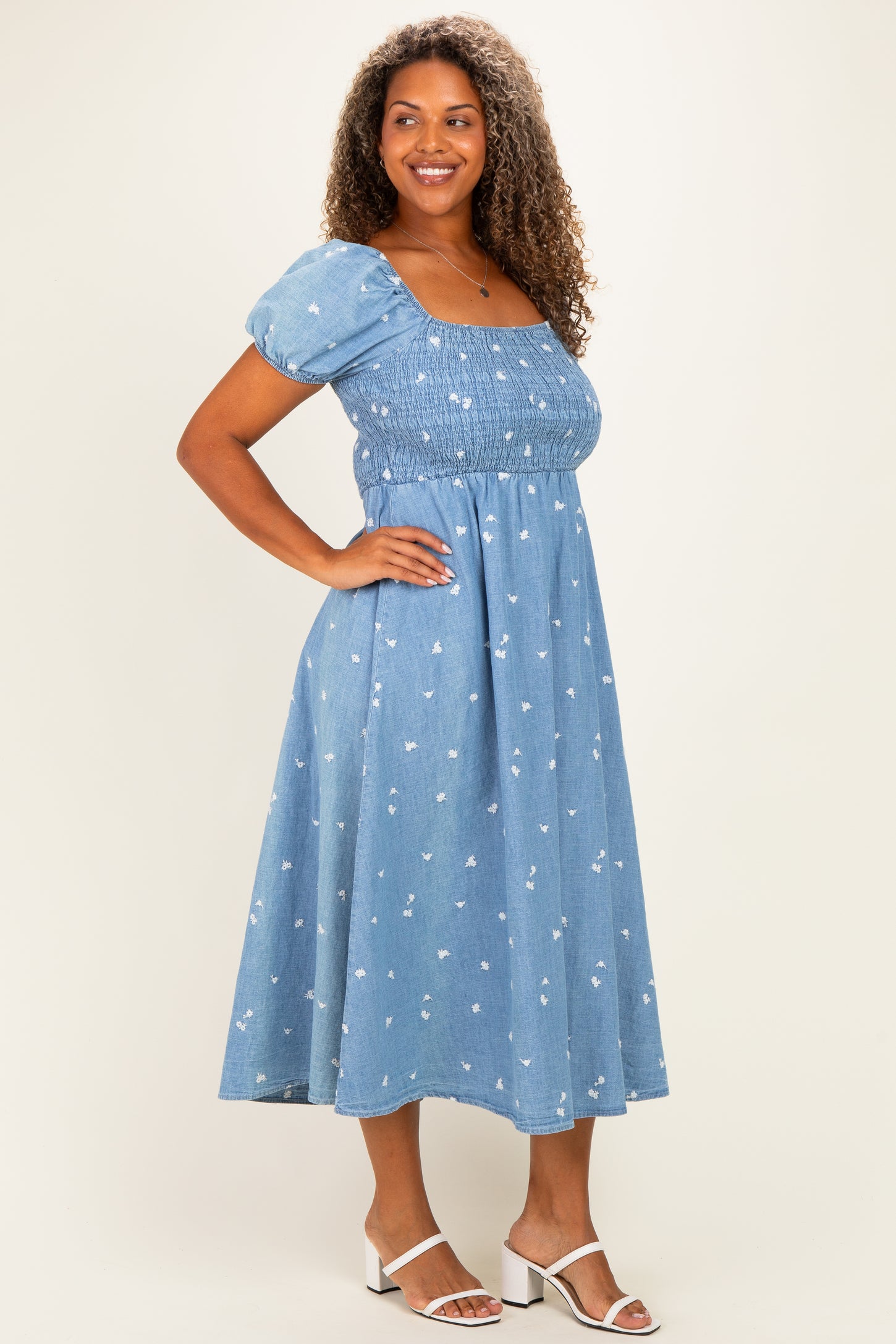 Light Blue Chambray Plus Floral Embroidery Smocked Midi Dress