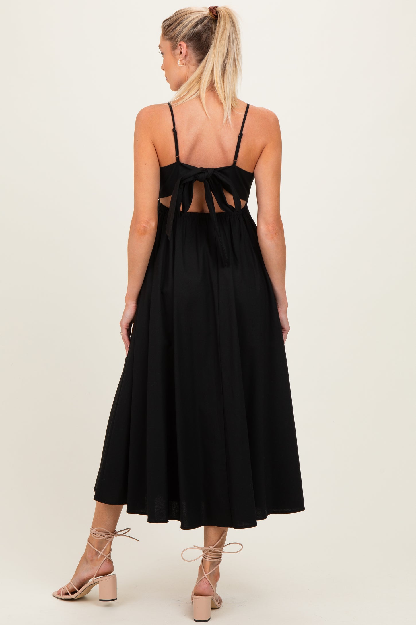 Black Linen Sleeveless Tie Back Flared Maternity Midi Dress PinkBlush Black Linen Sleeveless Tie Back Flared Maternity Midi Dress PinkBlush