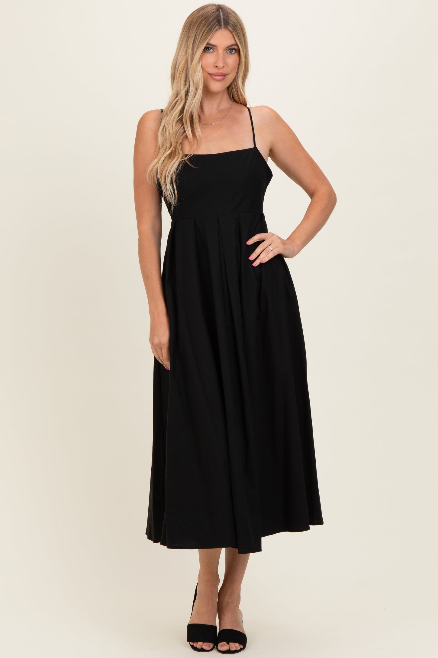 boho rustic bridesmaid dresses Black Linen Sleeveless Tie Back Flared Maternity Midi Dress – PinkBlush