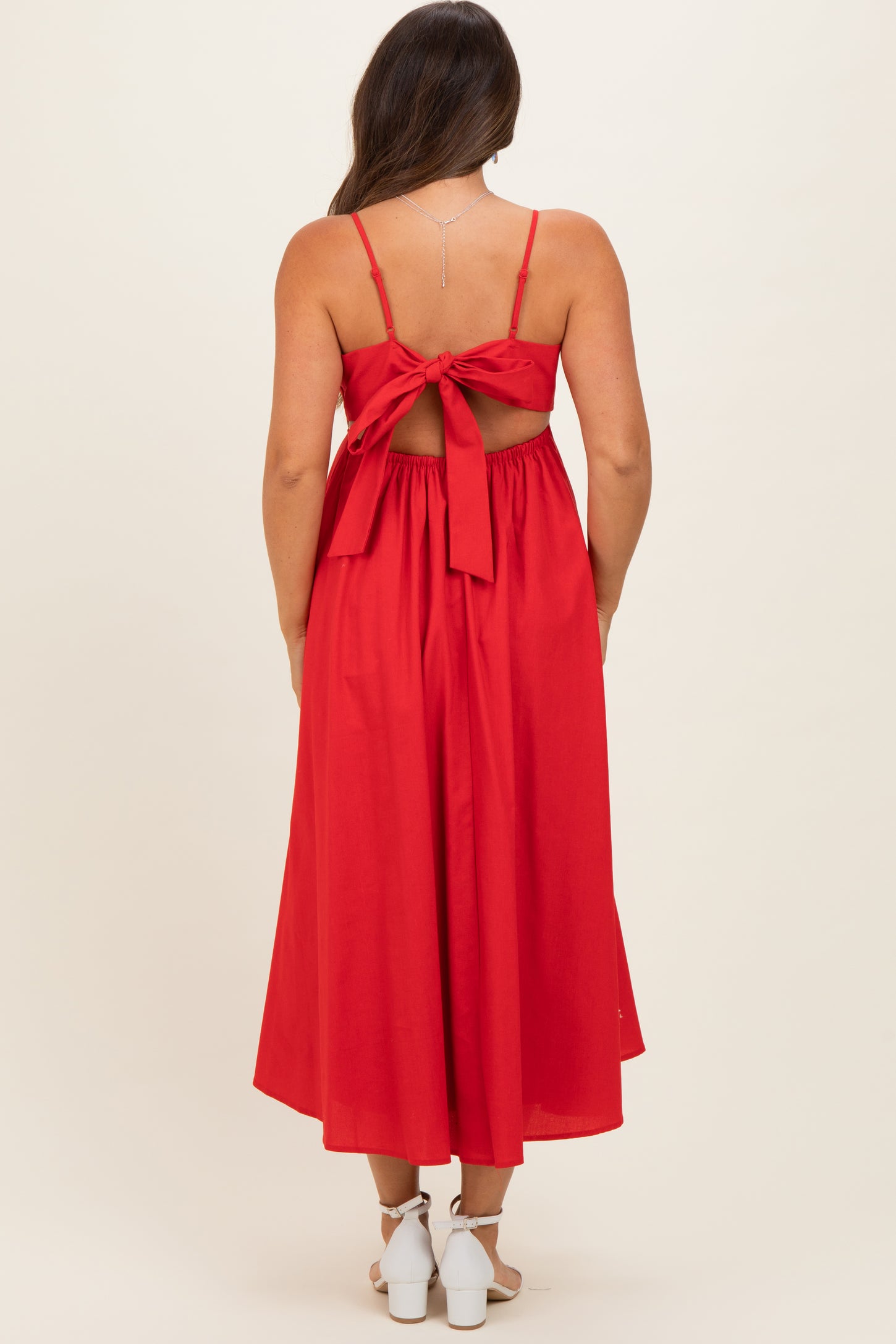 Red Linen Sleeveless Tie Back Flared Maternity Midi Dress