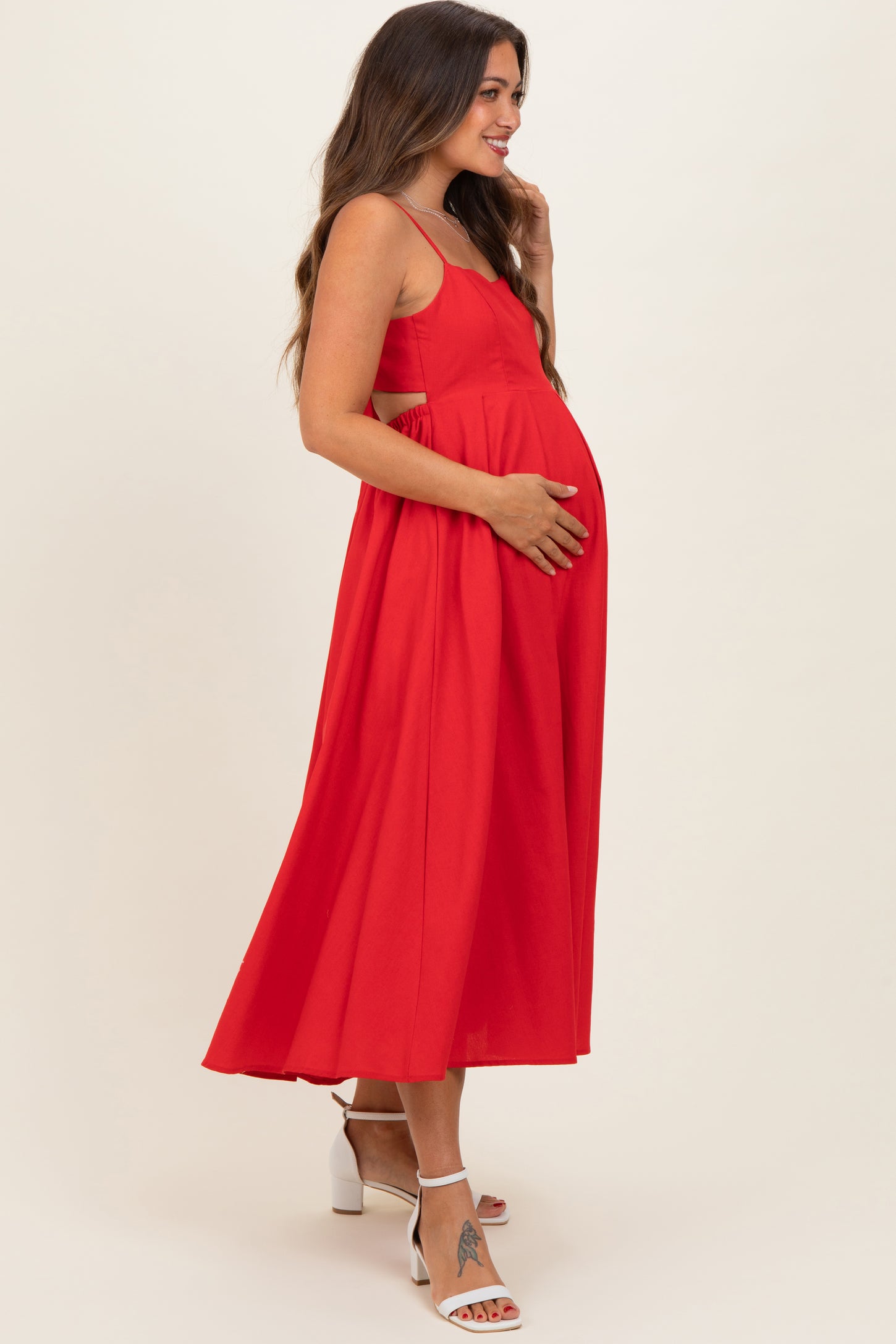 red midi maternity dress Barbara Radiant Red Maternity Midi Dress > Nursing Friendly Angel Maternity USA