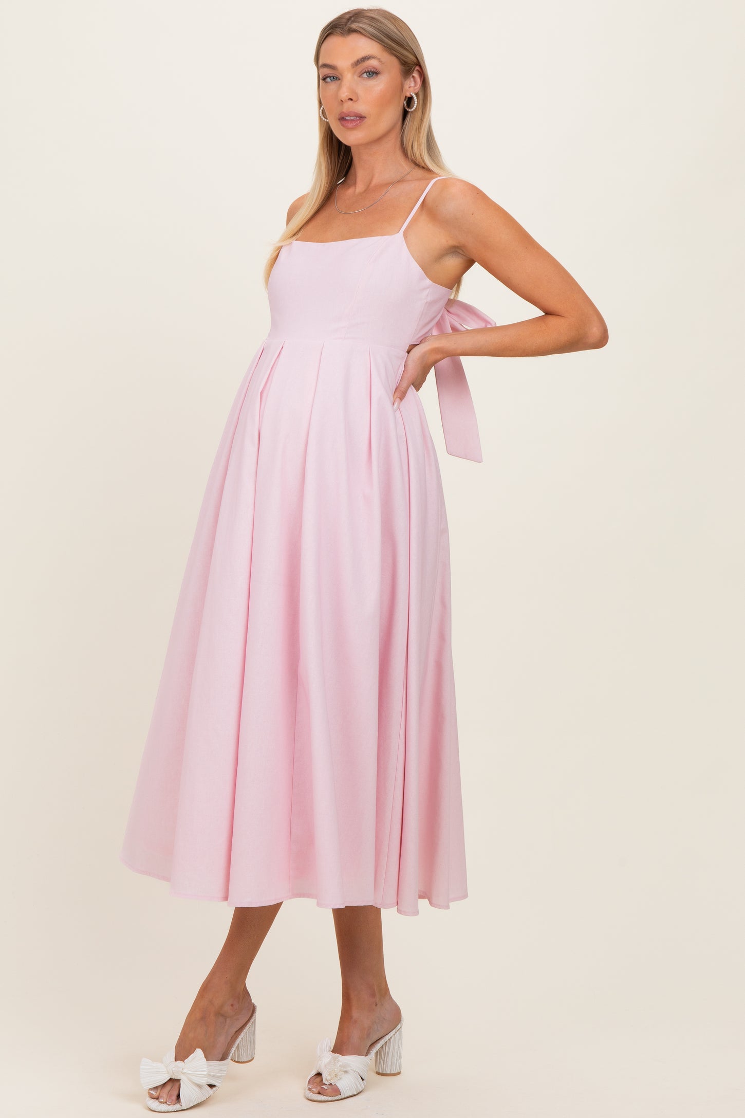 Light Pink Linen Sleeveless Tie Back Flared Maternity Midi Dress  PinkBlush