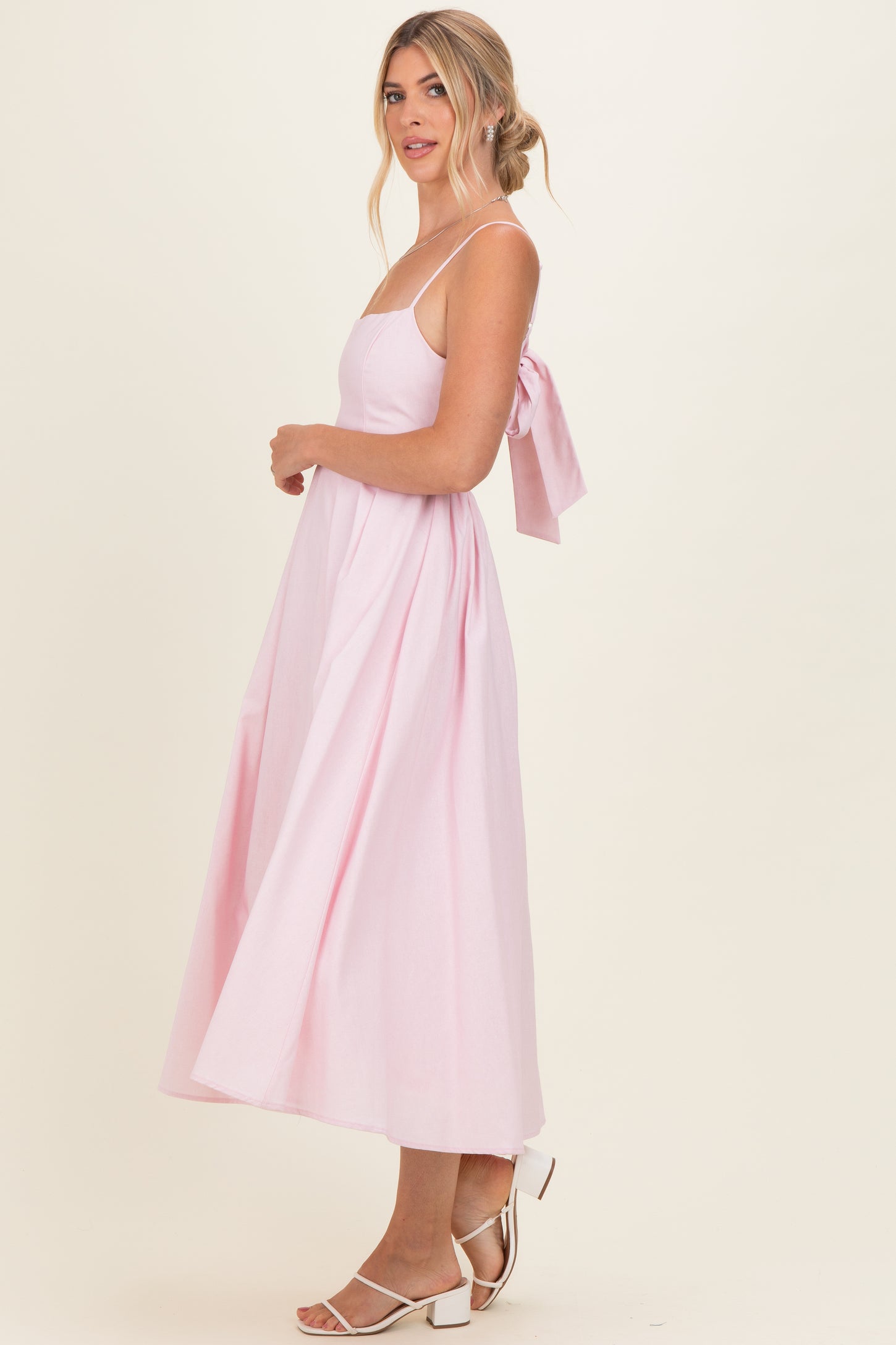 Light Pink Linen Sleeveless Tie Back Flared Midi Dress Light Pink Linen Sleeveless Tie Back Flared Midi Dress