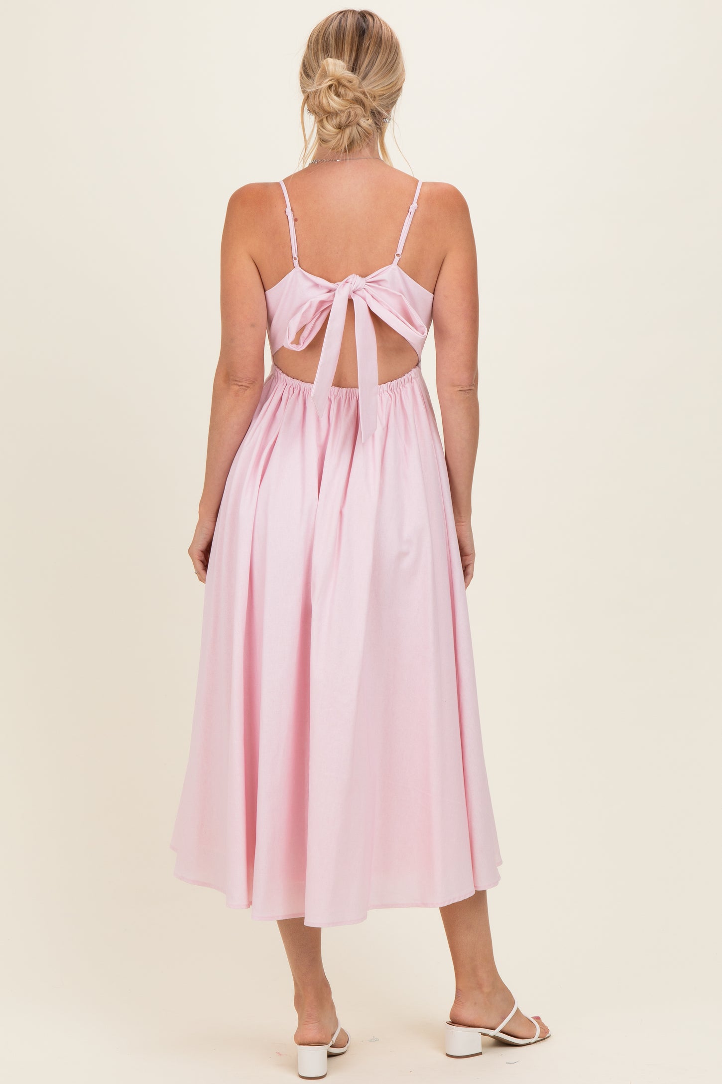 Light Pink Linen Sleeveless Tie Back Flared Midi Dress – PinkBlush
