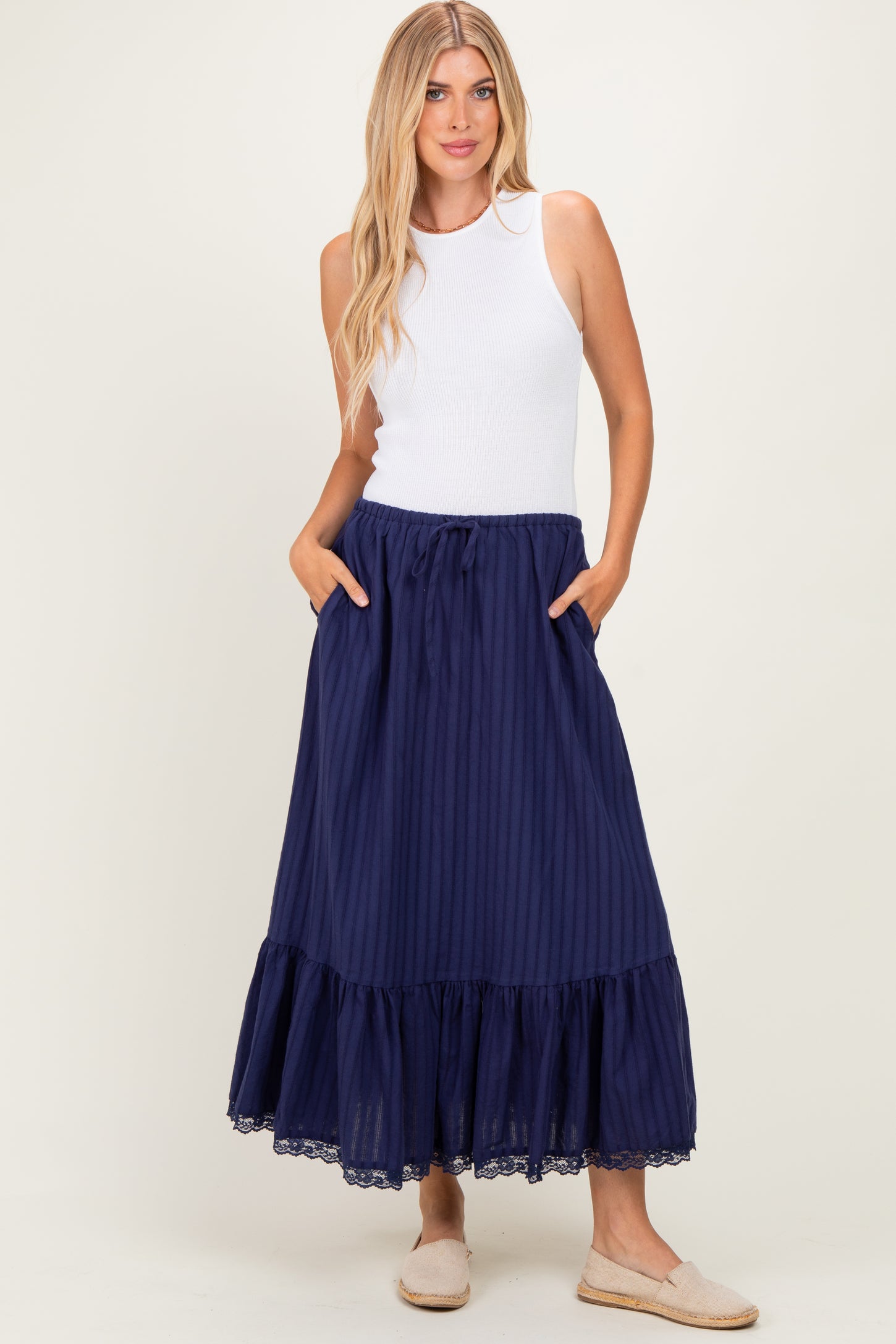 Navy Striped Lace Trim Midi Skirt