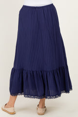 Navy Striped Lace Trim Midi Skirt