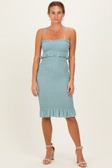 Light Blue Smocked Ruffle Hem Maternity Dress