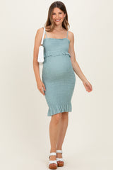 Light Blue Smocked Ruffle Hem Maternity Dress
