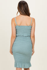 Light Blue Smocked Ruffle Hem Maternity Dress