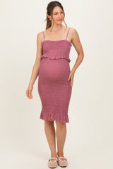 Mauve Smocked Ruffle Hem Maternity Dress