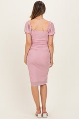 Pink Polka Dot Mesh Square Neck Puff Sleeve Maternity Dress