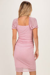 Pink Polka Dot Mesh Square Neck Puff Sleeve Dress