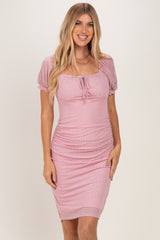 Pink Polka Dot Mesh Square Neck Puff Sleeve Maternity Dress