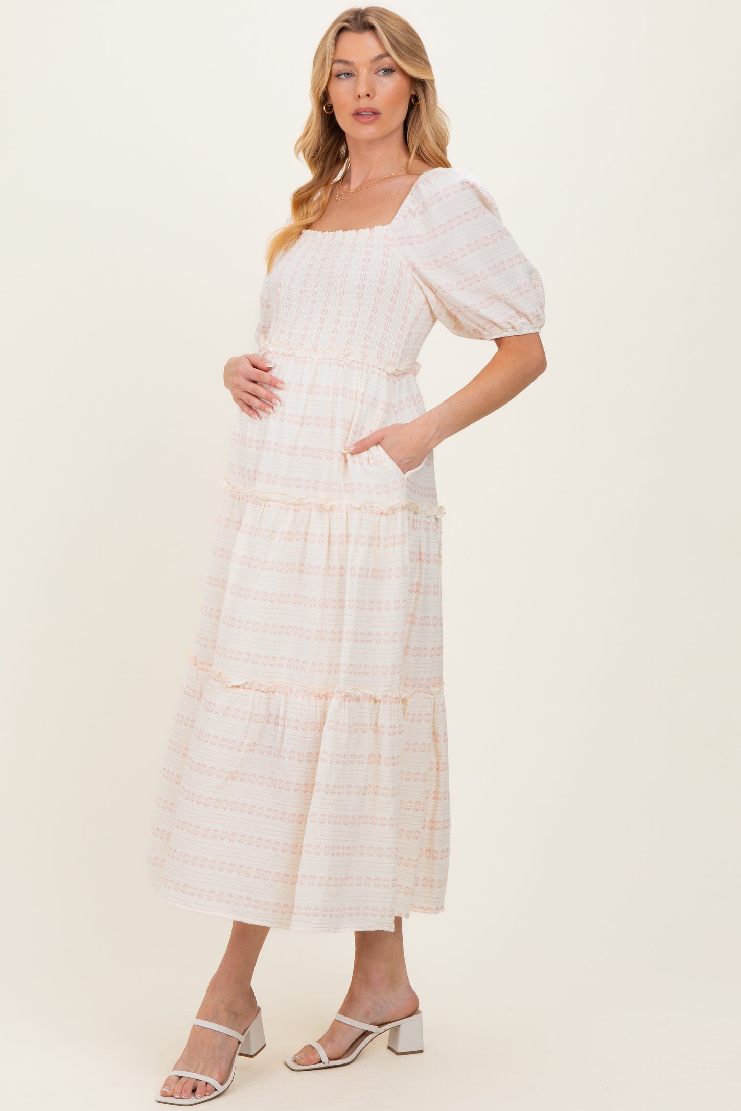 Pink Soft Floral Smocked Maternity Maxi Dress