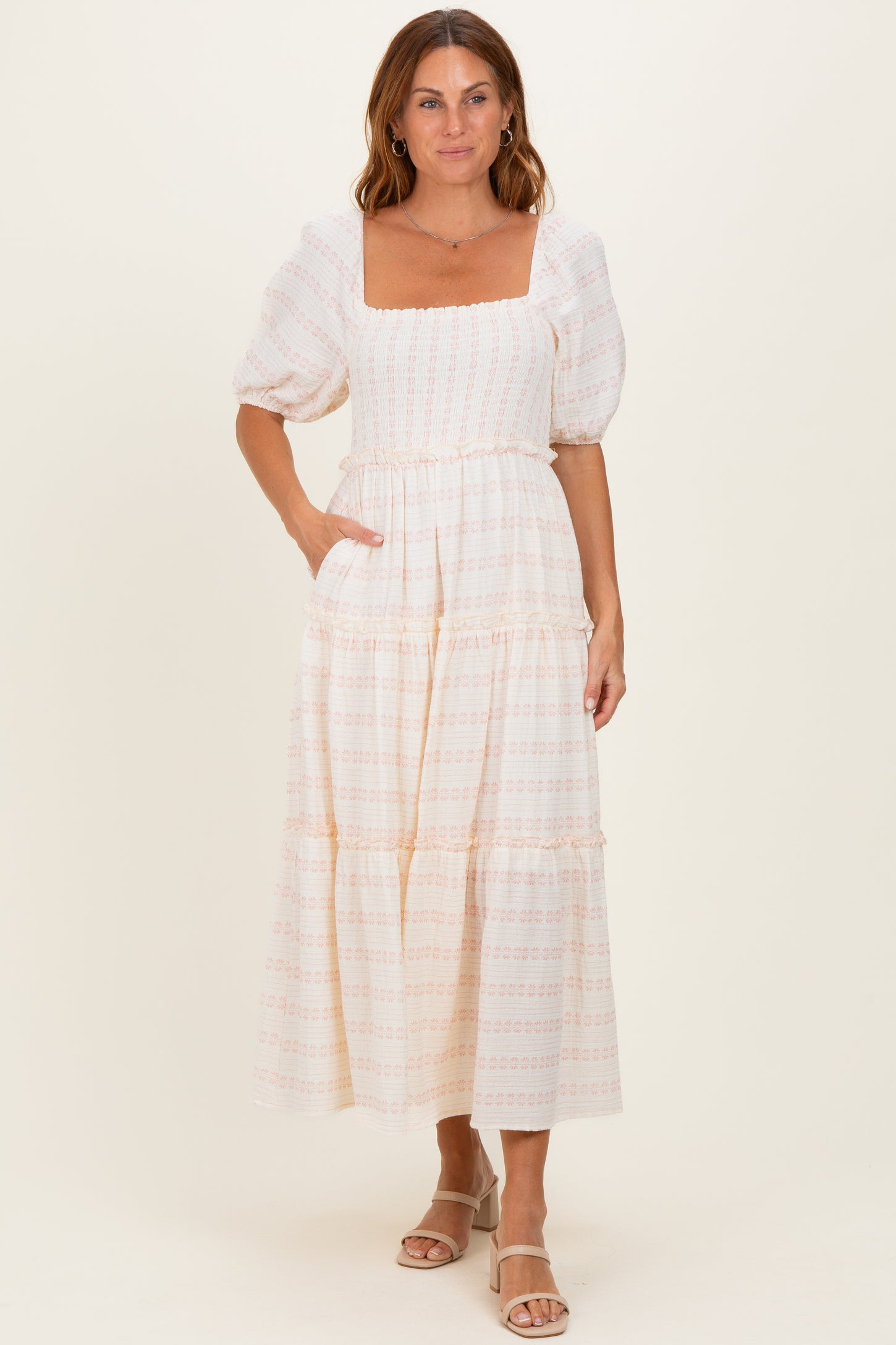 Pink Soft Floral Smocked Maternity Maxi Dress